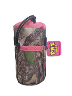 Camo-patterned pouch with pink handle on a white surface, featuring a 'P.N.K. Bags' tag.